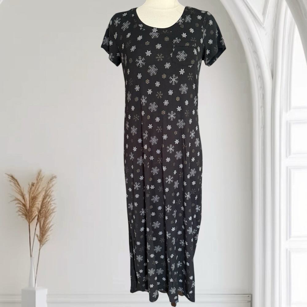 Soma T-Shirt Maxi Dress Sz S Black Star Print Jersey Knit Side Slit Stretch